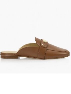 Michael Kors Plate Brown Leather Mules Slip On Slides Size 7.5‎ Gold Hardware